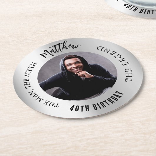 男の神話の伝説の写真銀誕生日パーティー ラウンドペーパーコースター (アングル)