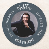 男の神話の伝説フォトチャコールグレーの誕生日パーティー ラウンドペーパーコースター (正面)