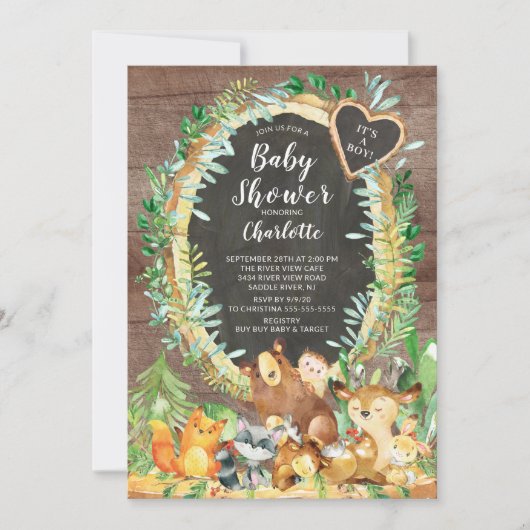 男の素朴子の森の動物の赤ちゃんシャワー 招待状 (正面)