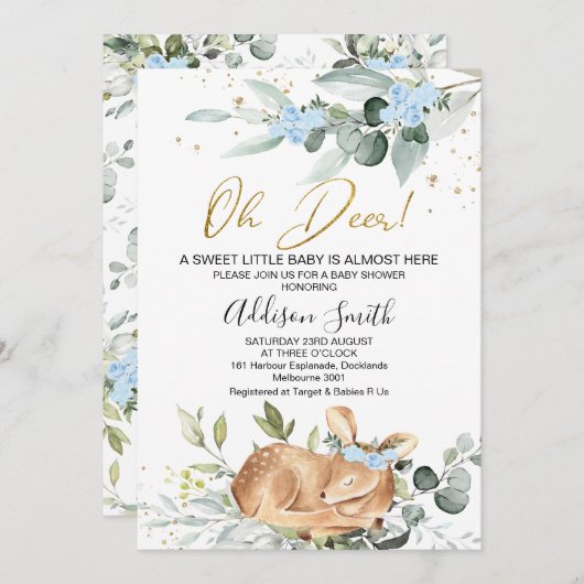 男の素朴子の緑の葉ああ鹿の赤ちゃんシャワー 招待状 (正面/裏面)