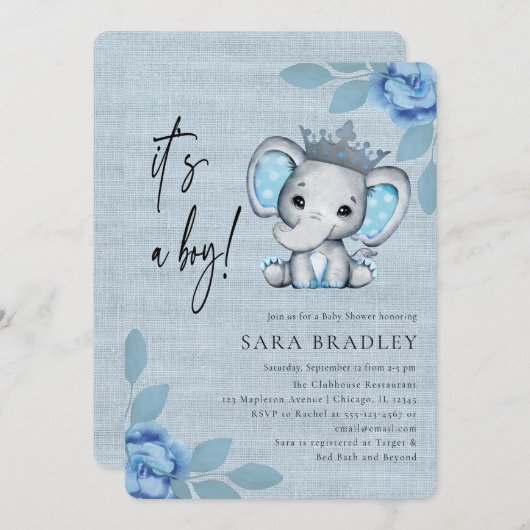 男の素朴子の膝の象の花の赤ちゃんシャワー 招待状 (正面/裏面)