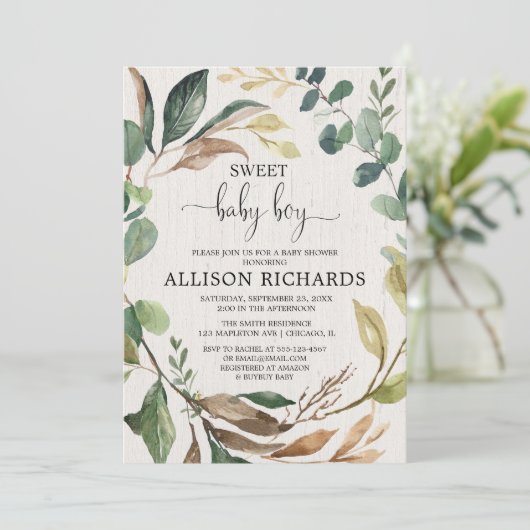 男の素朴子の赤ちゃんシャワー、森林の緑 招待状 (スタンド正面)