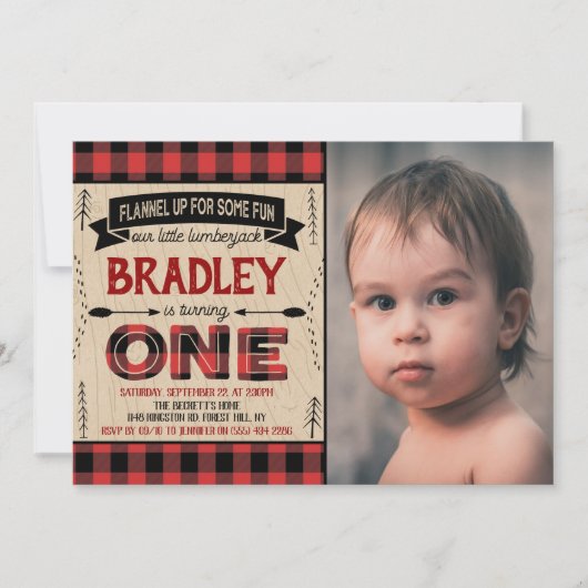 男の素朴子Plaid Lumberjack 1st誕生日の写真 招待状 (正面)