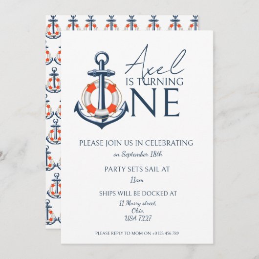 男の航海の子いかり誕生日パーティーへの招待 招待状 (正面/裏面)