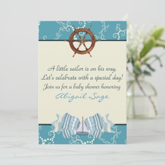 男の航海の子のための帆船の赤ちゃんシャワー招待状 招待状 (スタンド正面)