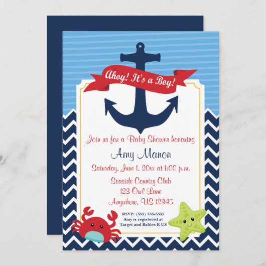 男の航海の子の赤ちゃんシャワーパーソナライズされた招待状 招待状 (正面/裏面)