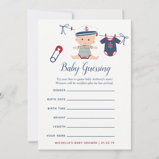 男の航海の子の赤ちゃんシャワーベビー予測ゲーム 招待状 (正面)