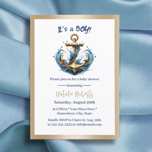 男の航海の子の金ゴールドモダンいかりベビーシャワー 招待状