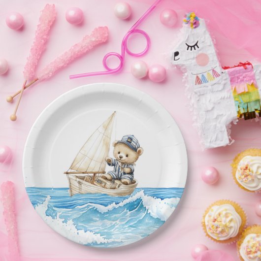 男の航海の子セーラーテディが赤ちゃんシャワーを付ける ペーパープレート (パーティー)