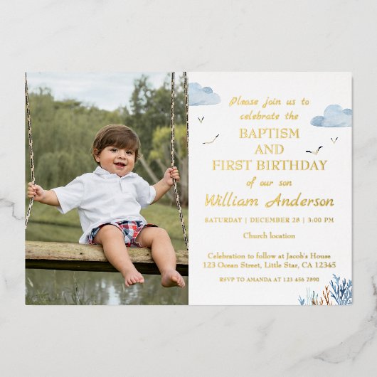 男の航海の子バプテスマと誕生日の写真 箔招待状 (正面)