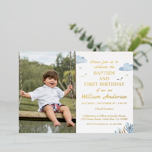 男の航海の子バプテスマと誕生日の写真 箔招待状 (立ち正面)