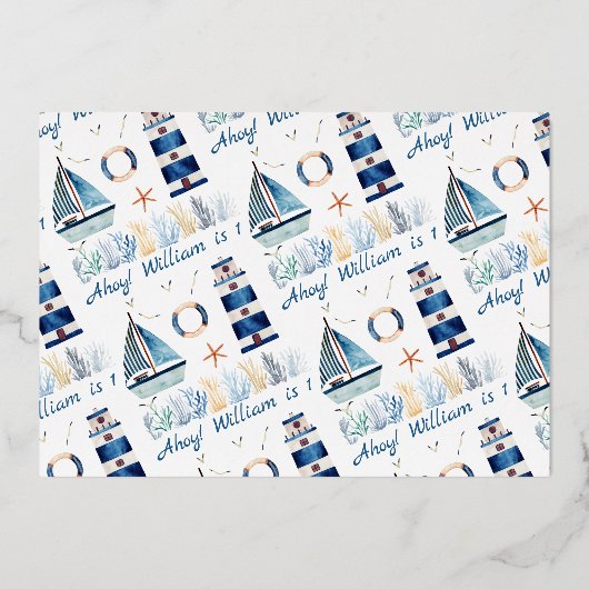 男の航海の子バプテスマと誕生日の写真 箔招待状 (裏面)