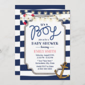 男の航海の子ベイビーシャワー金ゴールドいかりネイビーストライプズ 招待状 (正面/裏面)
