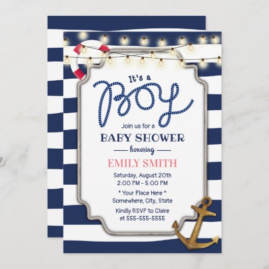 男の航海の子ベイビーシャワー金ゴールドいかりネイビーストライプズ 招待状 (正面/裏面)