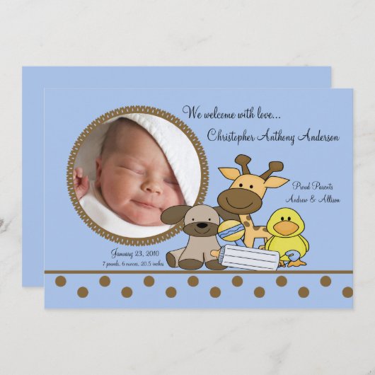 男の赤ちゃんおもちゃPHOTO Birth発表 案内状 (正面/裏面)