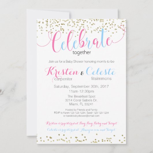 男の赤ちゃんおよび女の子によって結合されるベビーシャワーの招待状 招待状 (正面)