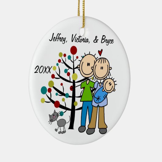 男の赤ちゃんおよび猫のカスタムなオーナメントが付いているカップル セラミックオーナメント (右)