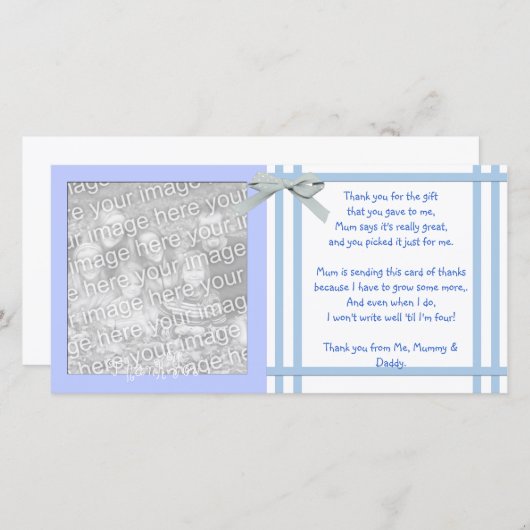 男の赤ちゃんからの青色児のシャワーのサンキューカード サンキューカード (正面/裏面)