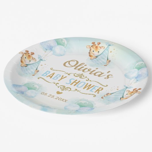 男の赤ちゃんかわいいキリン風船赤ちゃんシャワー ペーパープレート (アングル)