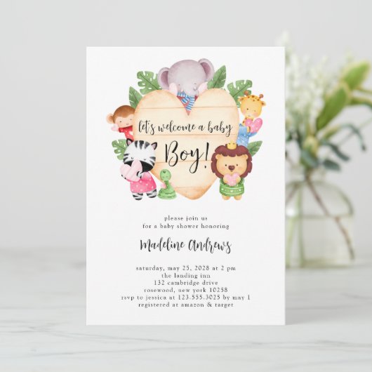 男の赤ちゃんかわいいサファリ動物の赤ちゃんシャワー 招待状 (スタンド正面)