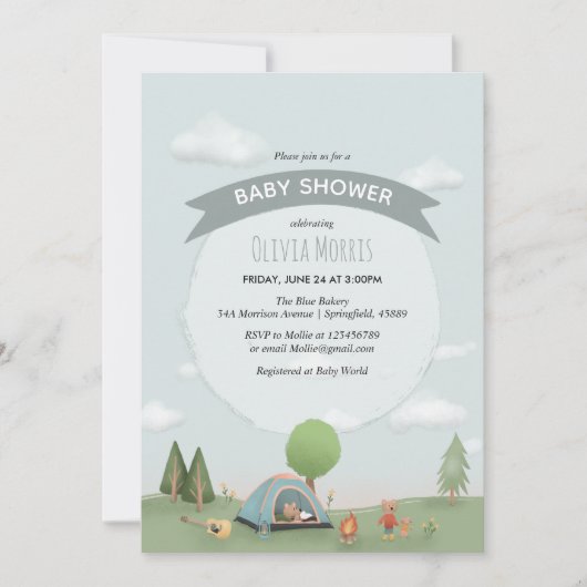 男の赤ちゃんかわいいブルーキャンピングフォレストベアベビーブシャワー 招待状 (正面)