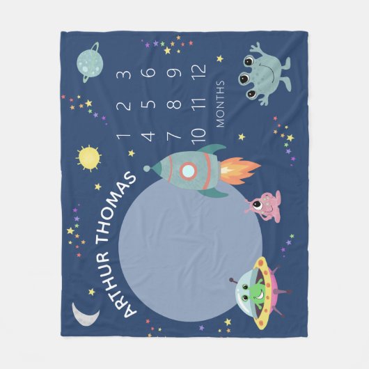 男の赤ちゃんかわいいブルー宇宙エイリアン漫画マイルストーン フリースブランケット (正面)