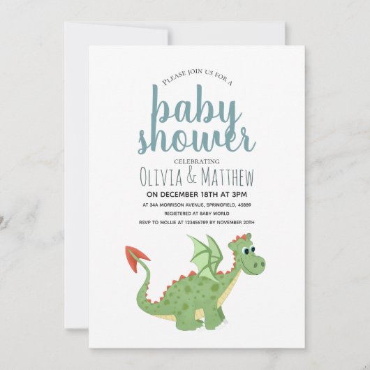 男の赤ちゃんかわいいモダンと緑のドラゴンベビーシャワー 招待状 (正面)