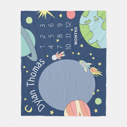 男の赤ちゃんかわいい宇宙ロケット船マイルストーン フリースブランケット (正面)