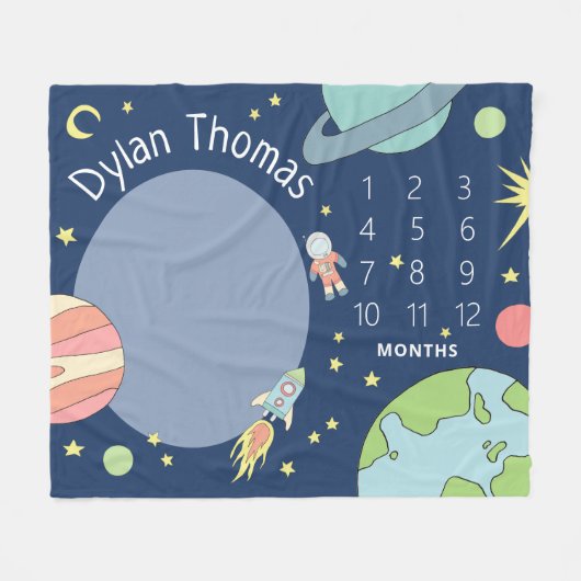 男の赤ちゃんかわいい宇宙ロケット船マイルストーン フリースブランケット (正面(横))