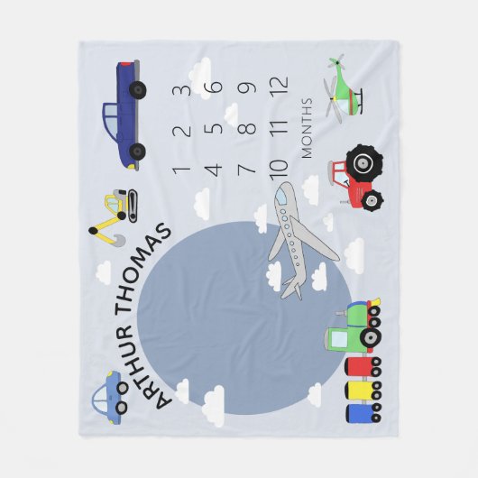 男の赤ちゃんかわいい車の輸送マイルストーン生まれたばかりの フリースブランケット (正面)