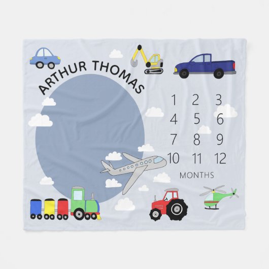 男の赤ちゃんかわいい車の輸送マイルストーン生まれたばかりの フリースブランケット (正面(横))