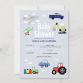 男の赤ちゃんかわいい青い車の列車旅行ベビーシャワー 招待状 (正面)