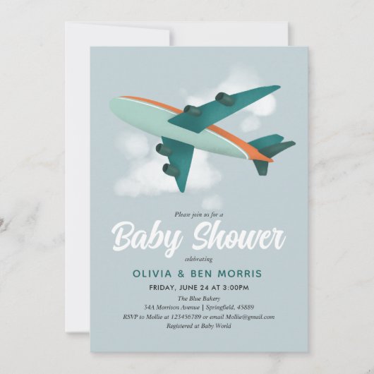 男の赤ちゃんかわいい青い飛行機の旅行ベビーシャワー 招待状 (正面)