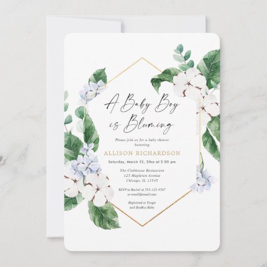 男の赤ちゃんがブルームの白い春フローラ 招待状 (正面)