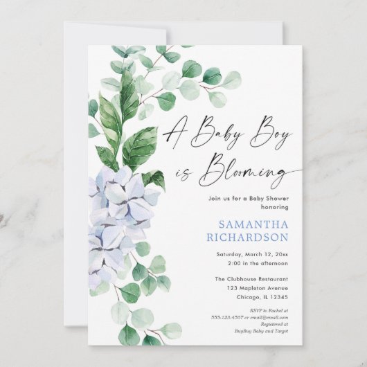 男の赤ちゃんが咲いている春フローラの緑のシャワー 招待状 (正面)