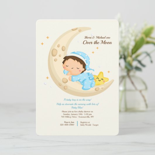 男の赤ちゃんが月の赤ん坊のシャワーを浴びる 招待状 (スタンド正面)