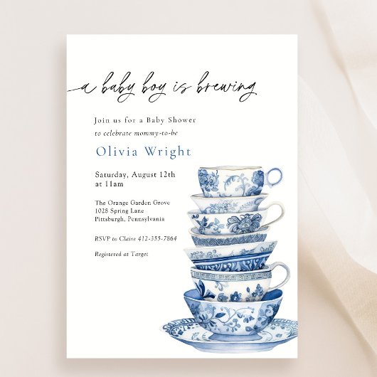 男の赤ちゃんが紅茶パーティーの赤ちゃんシャワーを醸造している 招待状