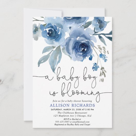 男の赤ちゃんが紺色の赤ちゃんシャワーを咲かせている 招待状 (正面)