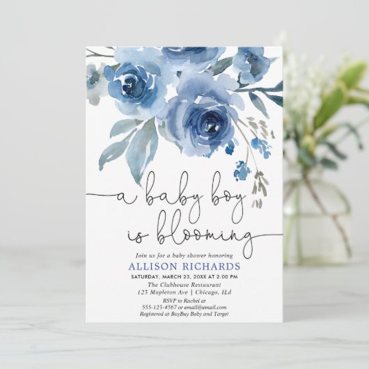 男の赤ちゃんが紺色の赤ちゃんシャワーを咲かせている 招待状 (スタンド正面)