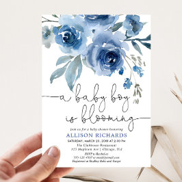 男の赤ちゃんが紺色の赤ちゃんシャワーを咲かせている 招待状