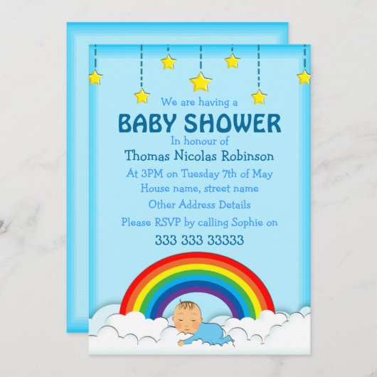 男の赤ちゃんが虹と雲の下で眠る 招待状 (正面/裏面)
