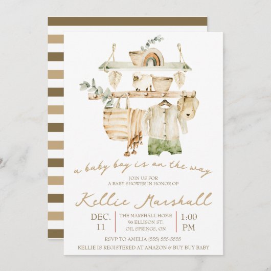 男の赤ちゃんが行く！物干し用ベビーシャワー 招待状 (正面/裏面)
