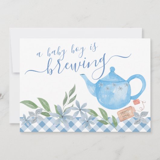 男の赤ちゃんが醸造3写真かわいいティーポット妊娠 案内状 (正面)