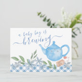 男の赤ちゃんが醸造3写真かわいいティーポット妊娠 案内状 (スタンド正面)