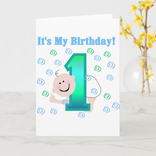 男の赤ちゃんそれは私の第1誕生日です カード (黄色い花)