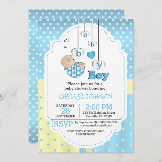 男の赤ちゃんだ |かわいいブルーベビー 招待状 (正面/裏面)