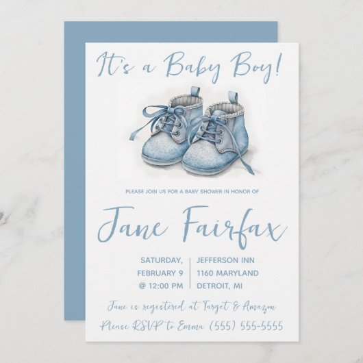 男の赤ちゃんだ！ブルーベビーシューズベビーシャワー 招待状 (正面/裏面)