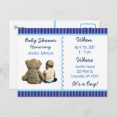 男の赤ちゃんとテディベア赤ちゃんシャワー招待状 インビテーションポストカード (正面/裏面)