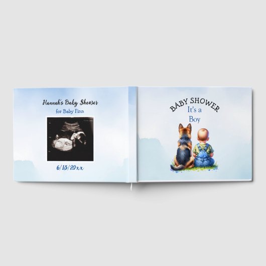 男の赤ちゃんとドイツの羊飼い子犬の赤ちゃんシャワー ゲストブック (全面)