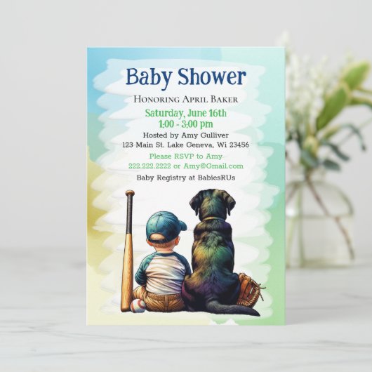 男の赤ちゃんとブラックラボ野球をテーマにした赤ちゃんシャワー 招待状 (スタンド正面)